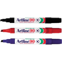 Artline 90 Permanent Marker Pen (Chisel Style) - Black / Blue / Red