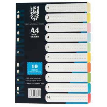 Lion File A4 Index Divider 10 Part Colour Dividers -  5 Sets (10 Colours) / Pack